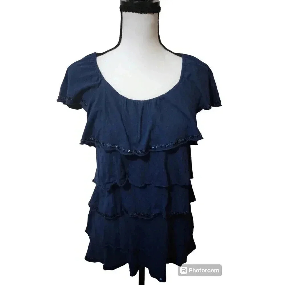Style & Co Top Sequin Ruffle Layered Look Blue Size Medium But Fits Like a Small